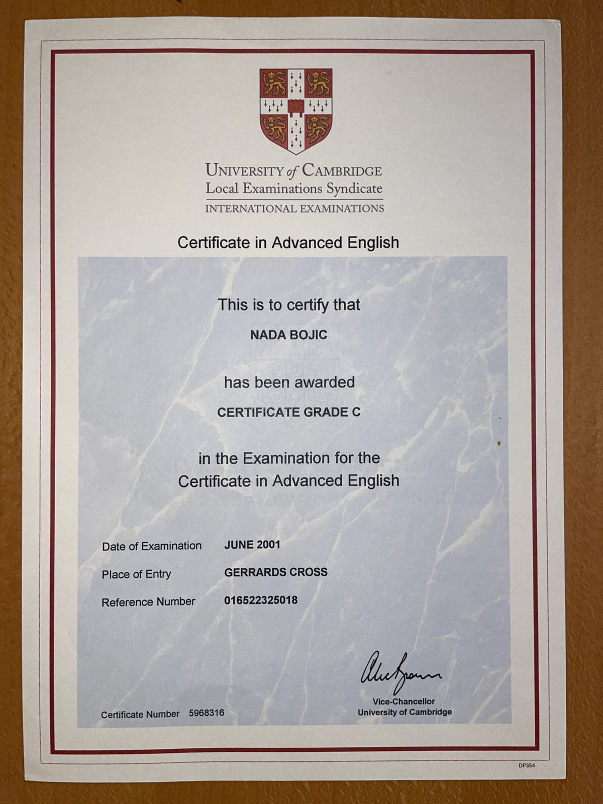 Cambridge Certificate in Advanced English awarded to Nada Bojic